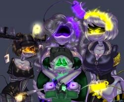 1boy 1boy3girls 3girls 3girls1boy alice_(murder_drones) big_breasts bigger_female biting_lip canon_x_oc covering disassembly_drone glitch_productions green_eyes milf murder_drones oc oc_x_canon oc_x_oc older_female orange_eyes purple_eyes shiny_breasts shiny_skin smaller_male tuidytury v_(murder_drones) worker_drone yellow_eyes younger_male