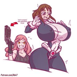 2019 2girls amazon big_breasts breast_expansion breasts brown_eyes color female female_only huge_breasts mei_hatsume multiple_girls my_hero_academia n647 nipple_bulge ochako_uraraka shounen_jump size_difference taller_female teenager text thick_thighs tight_clothing voluptuous wide_hips