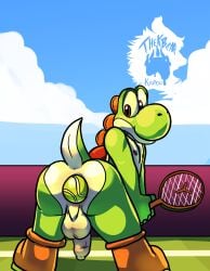 anthro ass ball ball_penetrating balls butt_focus clothing footwear footwear_only foreskin genitals hi_res humanoid_genitalia humanoid_penis male male_anthro mario_bros mario_tennis mostly_nude nintendo outside penis shoes shoes_only solo tail tennis_ball tennis_racket thekinkybear unretracted_foreskin yoshi