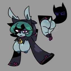 1:1 animal_ears areola artzkeith ass big_breasts big_butt black_clothing black_hoodie black_nose black_topwear blue_areola blue_nipples bottomless breasts bubble_butt clothed clothing female front_view fur green_hair grey_background grey_body grey_fur hair hanging_breasts hi_res hoodie humanoid league_of_legends long_sleeves looking_at_viewer nipples purple_eyes rear_view riot_games short_hair simple_background solo stuck tencent thick_thighs topwear vex_(league_of_legends) wide_hips yordle