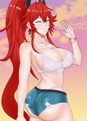 1girls cleavage female female_only goddess_of_victory:_nikke hotpants one_eye_closed red_hair red_hood_(nikke) red_hood_(retro_days)_(nikke) revealing_clothes shiny_skin short_shorts shorts thong_straps waving waving_at_viewer