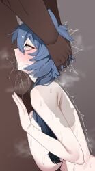 1boy absurdres animal_ear_fluff animal_ears artist_request blue_eyes blue_hair blush braid breasts commentary_request commission dark-skinned_male dark_skin deepthroat fellatio female from_side head_grab highres huge_breasts irrumatio korean_commentary long_hair oral original penis second-party_source side_braid solo_focus straight sweat testicles x-ray