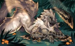 2d anthro ass_up beige_fur big_breasts digital_media_(artwork) dinosaur dinosaur_girl dinosaur_humanoid feathered_dinosaur feathers female_anthro flexible forest furry jungle lying_on_ground outdoors raptor saltyserpent scalie scalie_female smiling solo solo_female thick_thighs voluptuous voluptuous_female yellow_eyes