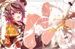 1boy :d absurdres ahoge androgynous bare_legs bishounen black_neckerchief blush bottle brown_hair brown_sailor_collar brown_shorts capelet character_request collarbone colored_inner_hair copyright_request cum cum_on_body cum_on_feet cum_on_legs cumdrip dennryuurai feet foot_focus foot_out_of_frame highres leg_up legs long_sleeves looking_at_viewer male_focus medium_hair milk_bottle multicolored_hair neckerchief open_mouth red_eyes red_hair sailor_collar short_shorts shorts sitting smile soles solo tilted_headwear toenails toes white_background