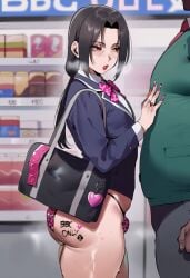 2boys ai_generated bimbo bimbofication black_hair body_writing condom_packet_strip convenience_store crossdressing dark-skinned_male feminization gay handbag hazakura151 interracial light-skinned_male long_eyelashes long_fingernails makeup male_bitch mascara naruto naruto_(series) naruto_shippuden pink_leotard prostitution queen_of_spades red_eyes school_uniform sissy trap uchiha_itachi wide_hips yaoi