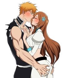 1boy 1girls ass ass_grab big_ass bleach bleach:_the_thousand-year_blood_war blush brown_hair canon_couple cinderserra couple curvy curvy_female cute embarrassed female flustered hands_on_chest holding_ass ichigo_kurosaki imminent_kiss inoue_orihime leaning_forward long_hair male male/female male_and_female_focus midriff muscular muscular_male orange_hair short_hair straight wholesome