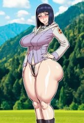 ai_generated blush bottomless fellatrix_(style) hand_on_waist huge_ass hyuuga_hinata large_breasts naruto naruto_(series) shaved_pussy short_hair stray_pubic_hair thick_thighs thong user96gmg