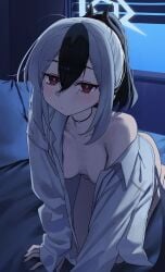 1girls all_fours bare_shoulders bed black_hair blue_archive blush bottomless breasts female female_focus female_only high_resolution highres horns kayoko_(blue_archive) kneeling leaning leaning_forward long_hair looking_at_viewer multicolored_hair night no_panties on_bed open_shirt red_eyes shirt shirt_only small_breasts solo syhan white_hair