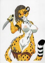 anthro areola belt big_breasts breasts brown_eyes cheetah chest_tuft dreadlocks felid feline female fur genitals hair hi_res holding_object holding_weapon jewelry knife knife_sheath looking_at_viewer mammal markings melee_weapon necklace nipples nude nude_anthro nude_female simple_background smile solo spots spotted_body spotted_fur spotted_markings tail tooth_necklace traditional_media_(artwork) tribal tribal_jewelry tribal_necklace tuft vulva weapon white_body white_fur yellow_body yellow_fur zaeryn