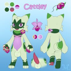 1:1 animal_genitalia animal_penis anthro big_penis cattley_(jmluxro) digitigrade erection feline_genitalia feline_penis floragato flower fur furry generation_9_pokemon genitals green_body green_fur hi_res jm-luxro looking_at_viewer male model_sheet nintendo pawpads penile_spines penis plant pokemon pokemon_(species) purple_eyes rear_view scarf sheath solo