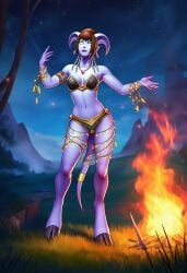 ai_generated almost_naked almost_nude bikini blue_skin bra dancing draenei draenei_female earrings fire glowing_eyes hooves horns panties pinup shaman shaman_(warcraft) solo solo_female tail underwear warcraft world_of_warcraft