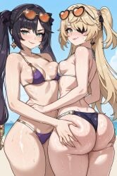 2girls ai_generated ass_grab beach bikini breasts female female_only fischl_(genshin_impact) front_view genshin_impact glasses glasses_on_head heart-shaped_pupils heart_glasses highleg_bikini hoyoverse huge_ass human mona_(genshin_impact) multicolored_bikini nipple_peek nipples_visible_through_clothing outdoors perfect_body perky_breasts shiny_skin sidelighting small_breasts smirk sunglasses sweat thick_thighs wet wet_body wide_hips