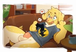 anthro bodily_fluids bottomless bulge canid canine canis clothed clothing controller domestic_dog erection eyewear floppy_ears fur furniture gaming genital_fluids glasses green_eyes hi_res holding_controller holding_object lying male mammal on_back on_sofa precum precum_through_clothing round_glasses santtu shirt shirt_only sofa solo t-shirt t-shirt_only topwear topwear_only wearing_glasses wet wet_clothing yellow_body yellow_fur