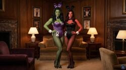 2female 2girls ai ai-created ai_art ai_assisted ai_generated aijoker antiheroine armchair betty_ross black_hair bunny_ears captain_america_(series) fireplace green_eyes green_hair green_skin green_skinned_female hug hulk_(series) jennifer_walters lamp liv_tyler looking_at_viewer marvel marvel_cinematic_universe mcu playboy playboy_bunny playboy_bunny_costume playboy_magazine realistic red_she-hulk red_skin red_skinned_female room sexy she-hulk she-hulk:_attorney_at_law shoes smile sofa superheroine tatiana_maslany