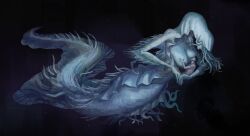 1boy 3ts absurdres bloodborne blue_nipples breasts colored_nipples completely_nude dark_background eldritch_abomination face_to_breasts female fins giant giantess great_one highres huge_breasts hunter_(bloodborne) kos kosm mother_kos nipples nude pale_skin size_difference spines tail tentacle tentacle_hair teratophilia unaligned_breasts underwater very_long_tail