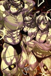 1boy 2girls abs background bikini bulge bulge_through_clothing human humanized j_(murder_drones) larger_male murder_drones muscles muscular muscular_female muscular_male n_(murder_drones) posing posing_for_the_viewer scar swimwear tail trio v_(murder_drones) vampire