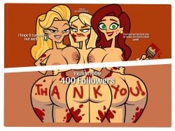 3girls big_ass big_breasts blonde blonde_hair brown_eyes crossover disventure_camp disventure_camp:_carnival_of_chaos english_text female_only follower_celebration green_eyes kelly_(tdi) lynda_(disventure_camp) lynda_anderson milf monica_peterson multiple_girls odd_nation_cartoons older_female peckottd09 reality_resort red_hair red_paint redhead the_ridonculous_race total_drama_(series) total_drama_island