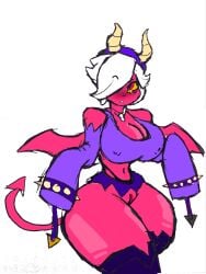 almost_naked almost_nude big_ass big_breasts big_clothing blank_background brawl_stars brawl_stars_skin breasts_almost_out colette_(brawl_stars) cosplay female female_focus horns horns_hairband outfit posing red_skin sharp_teeth short_hair small_wings tail trixie_colette_(brawl_stars) undersized_clothes underwear white_background white_hair wings yellow_eyes