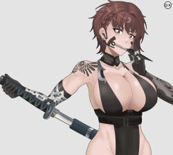 1girls brown_hair cleavage delta_(nikke) delta_(ninja_thief)_(nikke) female female_only goddess_of_victory:_nikke ninja revealing_clothes shiny_skin shuriken sword weapon