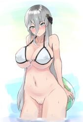 absurdres arms_behind_back ball beachball bikini bikini_top_only blush boaplant_feeder breasts commentary_request green_eyes grey_hair hair_between_eyes highres large_breasts long_hair looking_to_the_side navel nipples partially_submerged pussy senko_(senran_kagura) senkou_(senran_kagura) senran_kagura senran_kagura_new_link sidelocks suggestive_fluid swimsuit tearing_up water