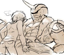 ambiguous_sex kamen_rider kamen_rider_den-o_(series) ryotaro_nogami imagin kintaros 2boys male male/male male_only male_focus size_difference gay yaoi human_on_monster male_on_monster monster monster_boy clenched_teeth horn 1_horn bear vest fur_trim fur_clothing pecs pectorals muscles muscular muscular_male abs sweat sweatdrop clothed questionable_position missionary missionary_position blush blushing blush_lines hand_on_leg hand_on_thigh heavy_breathing belt lying_down on_back lying_on_back sketch armor armored_male legs_open legs_apart legs_spread holding_leg holding_legs holding_thigh holding_thighs
