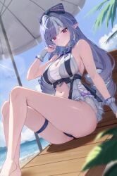 1girls breasts exposed_breasts female hoyoverse legs long_hair mihoyo night_known official_alternate_costume purple_hair red_eyes swimsuit vivian_banshee vivian_banshee_(iris_of_the_shore) white_swimsuit zenless_zone_zero