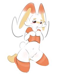 1girls 2019 anthro anthrofied big_ears blush bottomless clothed clothing elpatrixf eye_contact female flat_chest fur furry fusion half-closed_eyes hi_res hybrid hyper hyper_ears lagomorph looking_at_viewer lopunny mammal nintendo open_mouth original_character pokémon_(species) pokemon pokemon_(species) pokemon_dppt pokemon_ss pokemorph pussy scorbunny shirt simple_background solo teeth thick_thighs thigh_gap video_games white_background white_body white_fur wide_hips