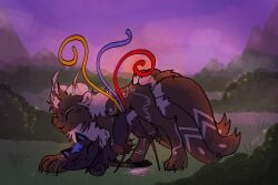 2023 black_body black_fur brown_body brown_fur closed_eyes detailed_background domestic_cat duo felid feline felis female female_penetrated feral feral_on_feral feral_penetrated feral_penetrating feral_penetrating_feral fur genitals grass hi_res male male/female male_penetrating male_penetrating_female mammal mountain penetration penile penile_penetration penis penis_in_vagina plant purple_sky sex shrub sky smile vaginal_penetration wispyvixen