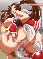 1girls areola areola_slip ass ass_grab bayeuxman big_ass big_breasts breasts brown_eyes brown_hair cameltoe dat_ass fan fatal_fury female_focus fingerless_gloves king_of_fighters kunoichi looking_back mai_shiranui naughty_face nipple_bulge ponytail pussy_juice saliva sideboob skimpy_clothes snk solo spread_ass tied_hair tongue_out