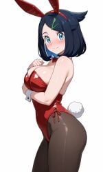 ai_generated alternate_breast_size alternate_costume animal_ears arm_under_breasts bare_shoulders black_hair black_pantyhose blue_eyes blush bow bowtie breasts brown_pantyhose bunny_ears bunny_tail bunnysuit cleavage closed_mouth clothing cowboy_shot cowlick detached_collar fake_animal_ears fake_tail female from_side hair_ornament hairband hairclip highleg highleg_leotard large_breasts leotard liko_(pokemon) looking_at_viewer pantyhose playboy_bunny pokemon pokemon_(anime) pokemon_horizons rabbit_ears rabbit_tail red_bow red_bowtie red_hairband red_leotard short_hair side-tie_leotard simple_background smile solo standing strapless strapless_leotard tail thighs white_background wrist_cuffs