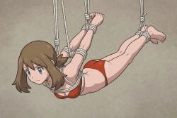 1girls 2d ai_generated ankles_tied arms_tied_behind_back blue_eyes bondage brown_hair brunette_hair captured captured_heroine female female_focus female_only light_skin may_(pokemon) pokemon rope_bondage ropes strapless_bra suspension suspension_bondage tight_clothing wrists_tied