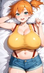 :d ai_generated alternate_breast_size aqua_eyes arm_behind_head bangs bare_arms bare_shoulders bed bed_sheet blue_shorts blush breasts cleavage clothing collarbone cowboy_shot crop_top denim denim_shorts female female_only from_above green_eyes gym_leader hair_between_eyes huge_breasts kasumi_(pokemon) large_breasts looking_at_viewer lying midriff navel on_back on_bed open_mouth orange_hair pillow pokemon pokemon_(anime) pokemon_(classic_anime) pokemon_rgby ponytail shiny_skin shirt short_hair short_shorts shorts side_ponytail smile solo stomach suspender_shorts suspenders tank_top taut_clothes taut_shirt teeth thick_thighs thighs upper_teeth_only yellow_shirt yellow_tank_top