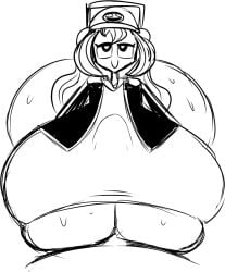 1girls breasts dolly_dimpley gigantic_ass gigantic_breasts goobabooba hand_on_own_hip hat huge_areolae huge_ass huge_breasts huge_nipples hyper_ass hyper_breasts long_hair nipples paizuri smiling_friends smiling_friends_self_inserts sweat thick_thighs titjob undersized_clothes