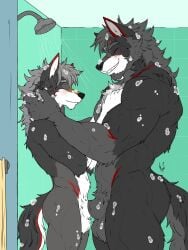 animal_genitalia anthro balls bathing black_body black_fur blush blush_lines body_hair canid canine canis chest_hair closed_eyes damon_(karlwolf) duo father_(lore) father_and_child_(lore) father_and_son_(lore) fur genitals grey_body grey_fur grey_hair hair hi_res hunterramirez incest_(lore) indirect_incest_(lore) karl_(karlwolf) male male/male mammal muscular muscular_anthro muscular_male parent_(lore) parent_and_child_(lore) parent_and_son_(lore) red_body red_fur sheath shower showering size_difference slim_anthro slim_male smile soap soap_bubbles son_(lore) white_body white_fur wolf