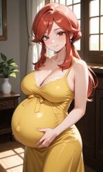 ai_generated elite_four enjoying_pregnancy female looking_at_viewer lorelei_(pokemon) pokemon pokemon_rgby pregnant pregnant_belly pregnant_female red_eyes red_hair red_hair_female yellow_dress