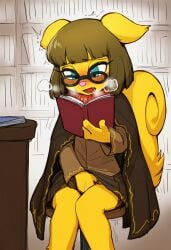 ai_generated blush book brown_hair clothed_masturbation cute cute_fang fingering_self glasses hand_under_skirt holding_book library masturbation neopet_(species) neopets nerd nerdy_female public_masturbation reading reading_book robe usul usul_(neopets) yellow_fur