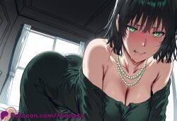 fubuki_(one-punch_man) one-punch_man breasts 1girl green_eyes necklace dress blush solo cleavage jewelry looking_at_viewer black_hair short_hair ass teeth large_breasts collarbone green_dress bare_shoulders off_shoulder clenched_teeth all_fours indoors sweat patreon_username tears black_dress window off-shoulder_dress hair_between_eyes nose_blush green_hair curtains artist_name parted_lips web_address crying long_sleeves pearl_necklace subtitled angry twitter_username scowl patreon_logo letterboxed beads biting_own_lip english_text furrowed_brow bead_necklace dutch_angle crying_with_eyes_open medium_breasts border single_bare_shoulder barefoot closed_mouth embarrassed mionety ai_generated