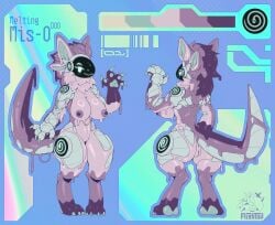 anthro breasts female flightov genitals hi_res latex latex_body liquid_latex machine mis-0_(character) model_sheet pawpads paws protogen protogen_armor protogen_visor purple_body purple_latex solo vulva