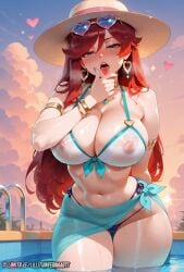 ai_generated armlet bare_shoulders bikini blue_bikini blue_eyes blue_nails blue_sarong blush bracelet breasts choker cleavage clothing cloud earrings erect_nipples_under_clothes eyewear eyewear_on_head female front-tie_bikini_top front-tie_top gradient_sky hair_between_eyes halterneck hat heart-shaped_eyewear heart_earrings hi_res highres jewelry large_breasts league_of_legends league_of_legends:_wild_rift lillith_inferna_arts logo long_hair looking_at_viewer mismatched_bikini miss_fortune nail_polish naughty_face navel neck_ring necklace nipples open_mouth oral_invitation original_artwork outdoors patreon persyarts pool pool_ladder pool_party_miss_fortune pool_party_series print_sarong red_hair riot_games saliva sarong see-through side-tie_bikini_bottom sky solo stomach string_bikini sun_hat sunglasses sunset swept_bangs swimsuit teeth thick_thighs thigh_gap thighs tinted_eyewear tongue tongue_out upper_teeth_only wading water watermark wet wet_clothes white_bikini wild_rift