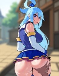 1boy ai_assisted aqua_(konosuba) ass ass_focus ass_grab bare_shoulders blue_eyes blue_hair blue_shirt blue_skirt blurry blurry_background breasts dark_skin detached_sleeves female from_behind hair_ornament hair_rings huge_ass large_breasts long_hair looking_at_viewer looking_back microskirt no_panties open_mouth outdoors pov shirt skirt sleeveless solo_focus straight thick_thighs thighhighs thighs