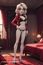 1girls ai_generated bed bedroom black_bra black_footwear black_nails black_panties blonde_hair bow bowtie bra breasts charlie_morningstar_(hazbin_hotel) cleavage colored_sclera curtains earrings female full_body hand_on_own_hip hazbin_hotel hi_res high_heels indoors jacket jewelry lamp lingerie long_hair long_sleeves looking_at_viewer medium_breasts multicolored_hair nail_polish navel open_clothes open_jacket panties progenarts pussy red_hair red_jacket red_sclera smile solo standing teeth underwear window yellow_sclera