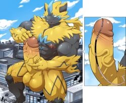 absurd_res anthro balls black_body blue_eyes bodily_fluids building city claws cock_vore digital_media_(artwork) erection felid fur generation_7_pokemon genital_fluids genitals hi_res internal legendary_pokemon macro maldu male male_pred mammal mass_vore masturbation multiple_prey muscular muscular_male nintendo penile penis pokemon pokemon_(species) precum sitting solo urethra urethral vore whiskers yellow_body yellow_fur zeraora