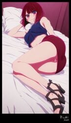 1girl 4k ai_generated anime arima_kana bangs bed blue bob body content crop cut explicit eyes feet full hair heels high legs lying masterpiece mini nsfw on oshi_no_ko pencil perfect plaid polish pose resolution sandals scene screenshot sexy short skirt smiling solo stiletto toenails toes top view with