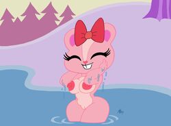 bathing bow buckteeth chipmunk closed_eyes female female_only furry giggles giggles_(htf) hairbow happy_tree_friends large_areolae lilli_villa naked nature outside pink_fur pink_nipples water wide_hips