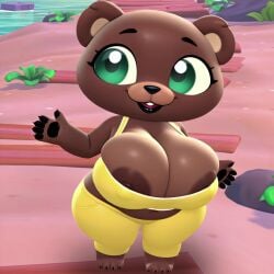 3d :3 ai_generated animal_ears animated anthro areolae_slip barefoot bbw beach bear bear_girl belly big_eyes black_lips bouncing_breasts brown_areolae brown_fur busty chibi claws cleavage cute dark-skinned_female fat female female_only full_body furry furry_female green_eyes hello_kitty_island_adventure large_areolae looking_at_viewer nipple_slip outside pants paws plump sanrio skindentation smile solo tagme tank_top video wide_hips yellow_pants yellow_tank_top yeta2