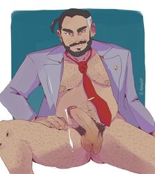 1boy ass bara beard chairman_rose cum cum_drip dark_skin hairy looking_at_viewer male male_only nintendo partially_clothed penis pokemon pokemon_ss pose pubic_hair solo testicles thick_thighs tie