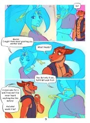 2017 anthro athletic_male blue_fur blush bracelet claws clothed clothing comic comic_panel darnell_(zummeng) dialogue duo fangs feline female genie genie_girl gold_bracelet gold_jewelry gold_trim harem_outfit harem_pants long_hair male mammal necklace no_nudity no_sex oc orange_scales original original_character original_characters outside page_9 panels saber-toothed_cat sabertooth_(feature) scalie see-through see-through_clothing shani_(zummeng) straight tail thief wishes_(comic) zummeng