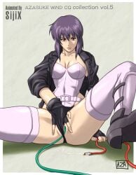 1girls azasuke belt boots breasts cable cleavage female female_only fingering fingering_pussy fingerless_gloves ghost_in_the_shell gloves hand_in_panties head_mounted_display highres jacket kusanagi_motoko leotard masturbation open_clothes open_jacket panties partially_visible_vulva purple_hair purple_legwear pussy pussy_juice red_eyes short_hair sijix sitting solo spread_legs tagme tech_control thighhighs uncensored underwear