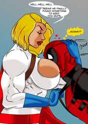 abs assertive big_breasts blonde_hair costume crossover dc deadpool face_in_breasts gloves huge_breasts karen_starr kryptonian lipstick marvel mrfuzzynutz muscular_female power_girl short_hair smile superhero superheroine wade_wilson