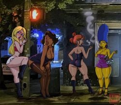 4girls american_dad ass big_breasts big_lips blonde_female blonde_hair blue_hair boots chubby chubby_female cottondandy dark-skinned_female dark_skin donna_tubbs family_guy fat_ass female female_only francine_smith heels lips lipstick lois_griffin looking_at_viewer makeup marge_simpson miniskirt night prostitution red_hair rock_and_roll_sherpa_(francine_smith) smoke smoking the_cleveland_show the_simpsons thicc thick_thighs tight_clothing tight_fit wink winking_at_viewer woman_only yellow_body